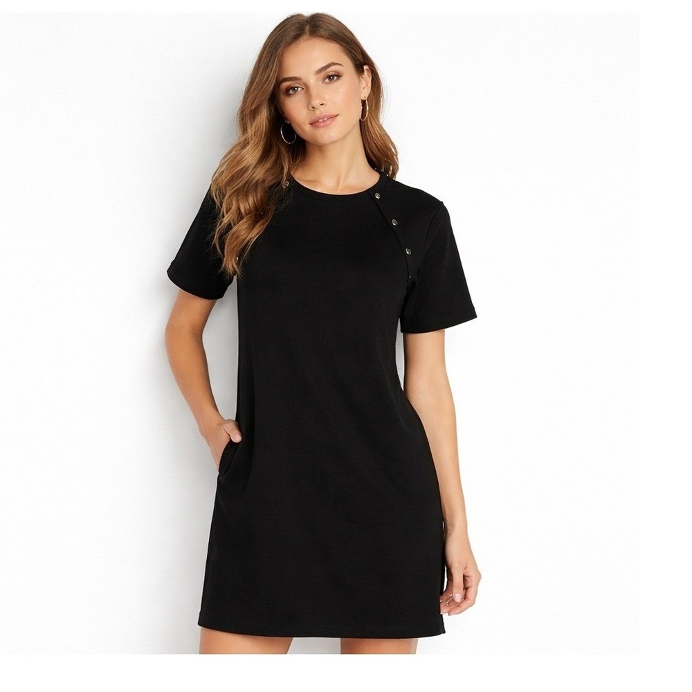 Theory Athrina K Rubric Black Snap Shoulder Short Sleeve Shift Mini Dress P